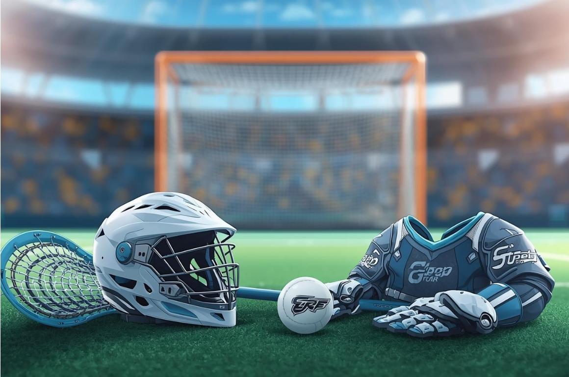 ラクロスの道具紹介記事のアイキャッチ：スティック、ヘルメット、グローブなど用具一式のイラスト
