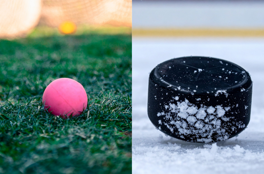 ラクロスとアイスホッケーのボール違いを左右半分で比較したイラスト（左：ラクロス、右：アイスホッケー）