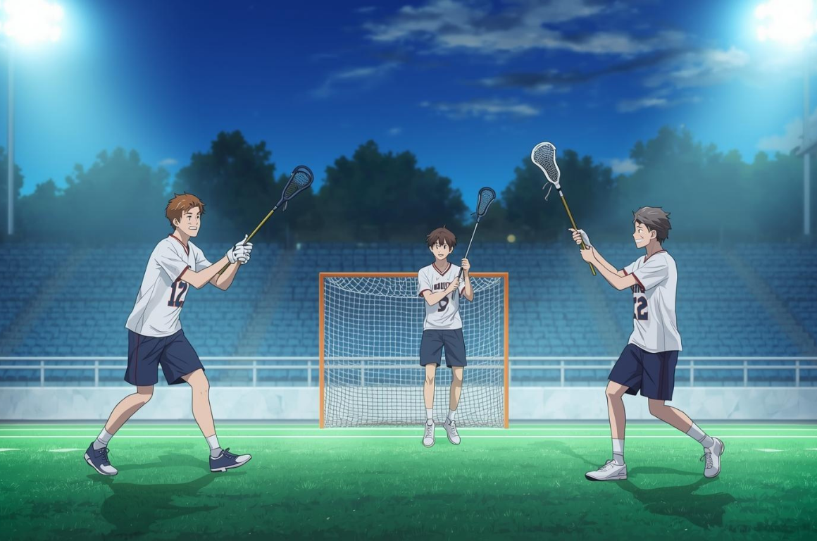 ラクロスの基礎知識を解説する記事のアイキャッチ：選手3人がフィールドでパスとキャッチを練習する場面