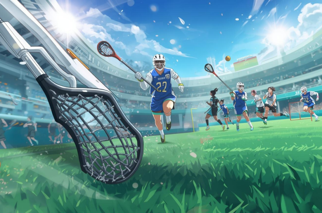 ラクロスのゴール前クリースを中心に、攻守の立ち位置とパスコースが分かるイラスト