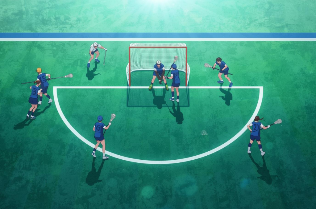 クリース周りの攻防と立ち位置の重要性が伝わるラクロスのゴール前シーンのイラスト