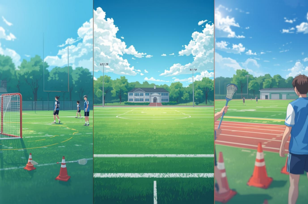 ラクロスができる場所の例(大学グラウンド・公共運動場・体験会会場)を表すイラスト