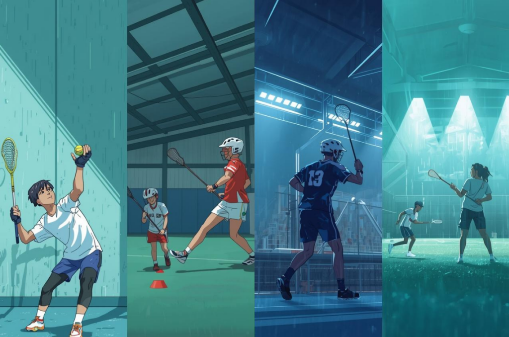 ラクロスは壁当て・屋内練習・ナイター・筋トレなど場所を選んで続けられることを示すイラスト