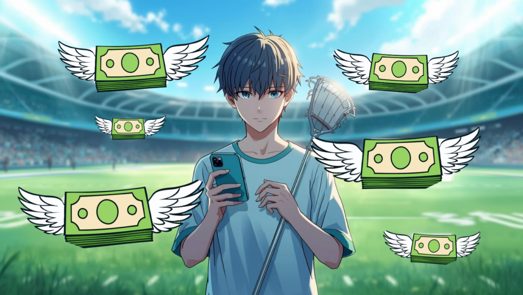 ラクロス選手が年俸・年収を気にしてスマホを見る導入イラスト