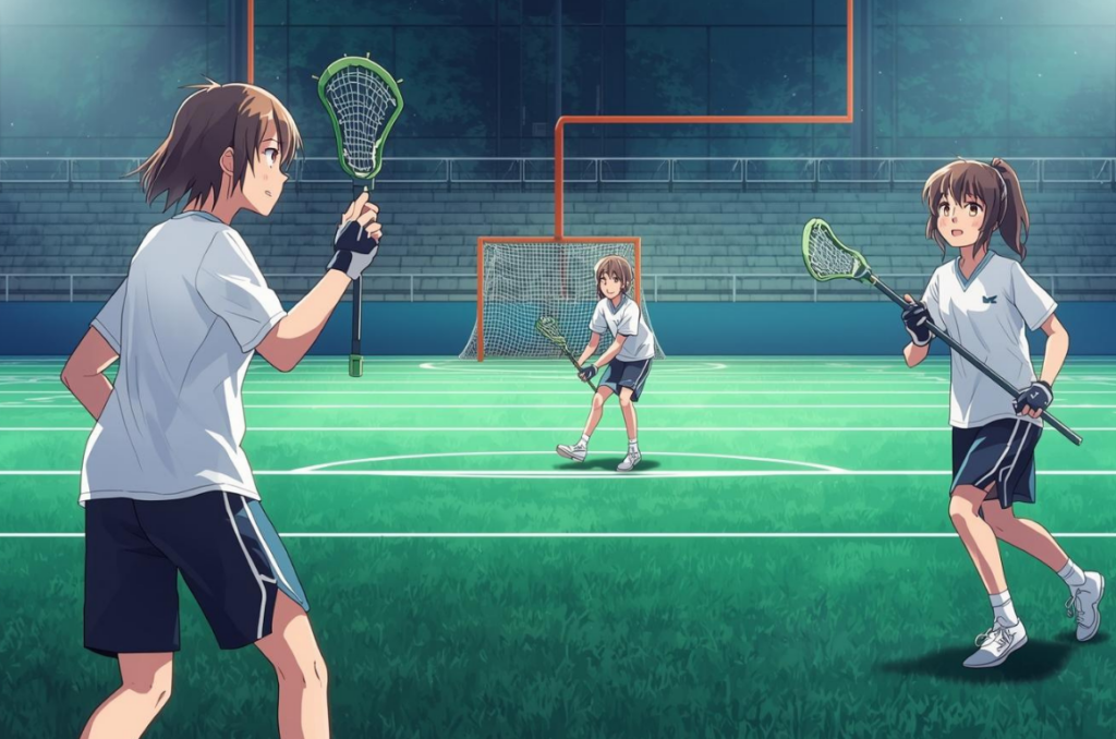 ラクロスの基礎知識を解説する記事のアイキャッチ:選手3人がフィールドでパスとキャッチを練習する場面