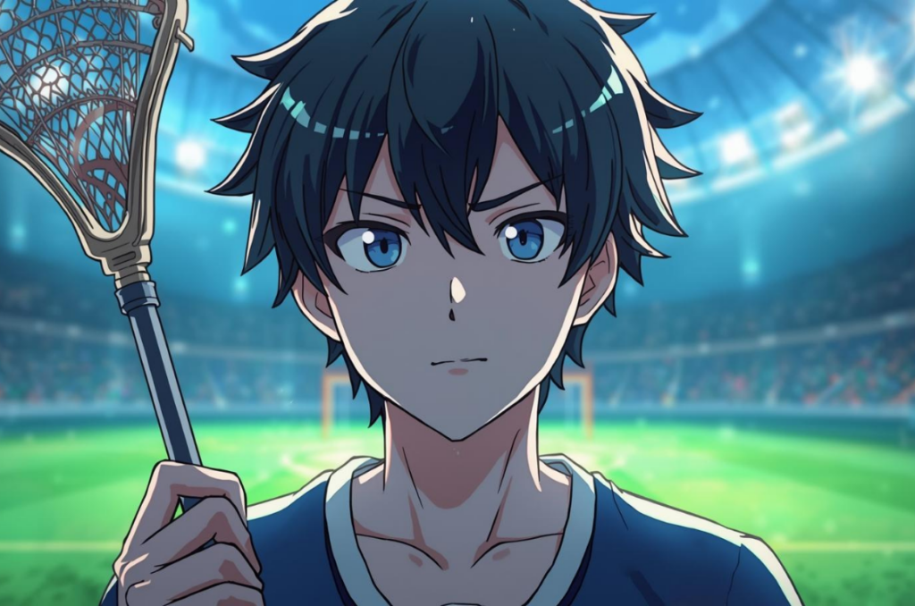 ラクロスのスティックを持った主人公が「ホッケーみたい?」と疑問を持つイラスト