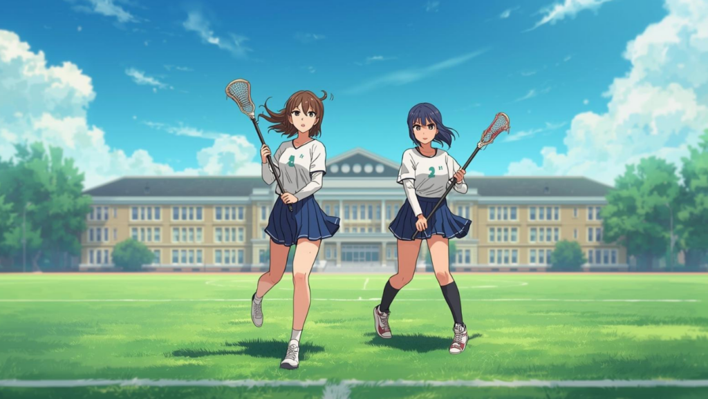 女子校の芝生でスカート姿の選手がラクロスをする歴史イメージ（女子ラクロスの起源の豆知識）