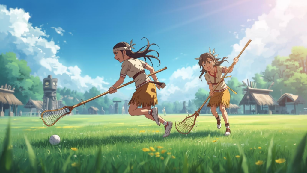 北米先住民が伝統的な木製スティックでラクロスを楽しむ起源イメージのイラスト（発祥の地：北米）